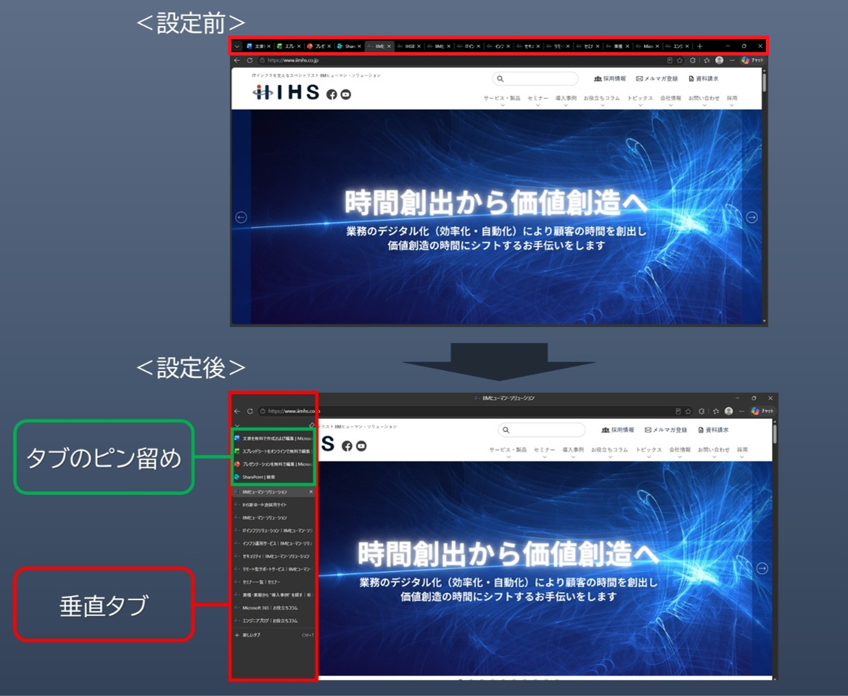 垂直タブとタブのピン留めを有効化した場合の表示例