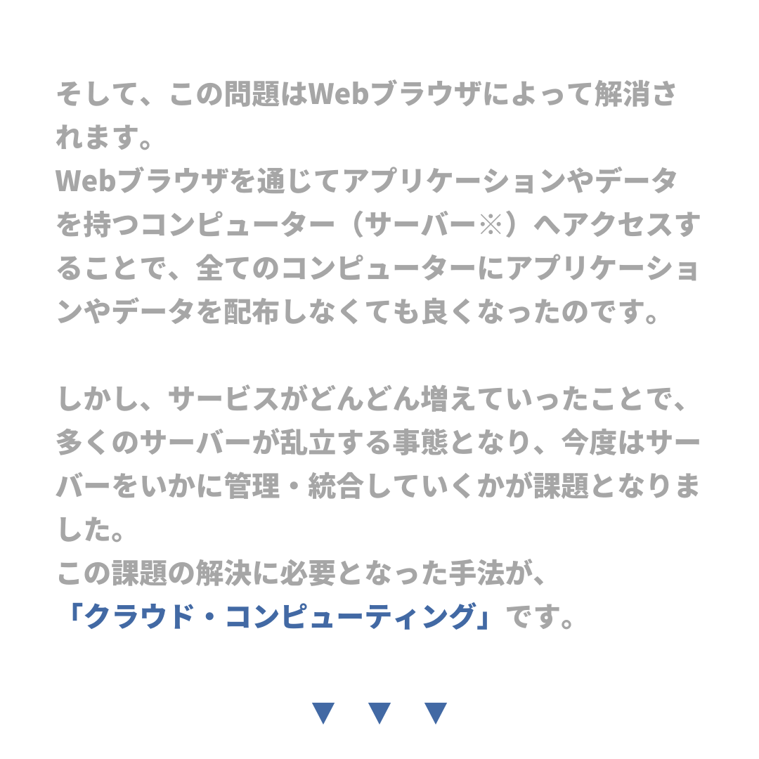 そして、この問題はWebブラウザによって解消されます。
Webブラウザを通じてアプリケーションやデータを持つコンピューター(サーバー※)へアクセスすることで、全てのコンピューターにアプリケーションやデータを配布しなくても良くなったのです。
しかし、サービスがどんどん増えていったことで、多くのサーバーが乱立する事態となり、今度はサーバーをいかに管理・統合していくかが課題となりました。
この課題の解決に必要となった手法が、
「クラウド・コンピューティング」です。