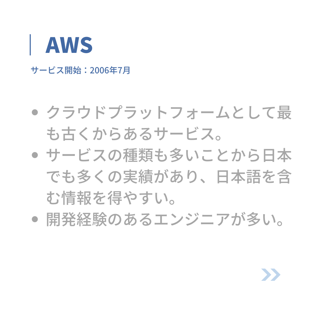 AWS
サービス開始:2006年7月
・クラウドプラットフォームとして最も古くからあるサービス。
・サービスの種類も多いことから日本でも多くの実績があり、日本語を含む情報を得やすい。
・開発経験のあるエンジニアが多い。