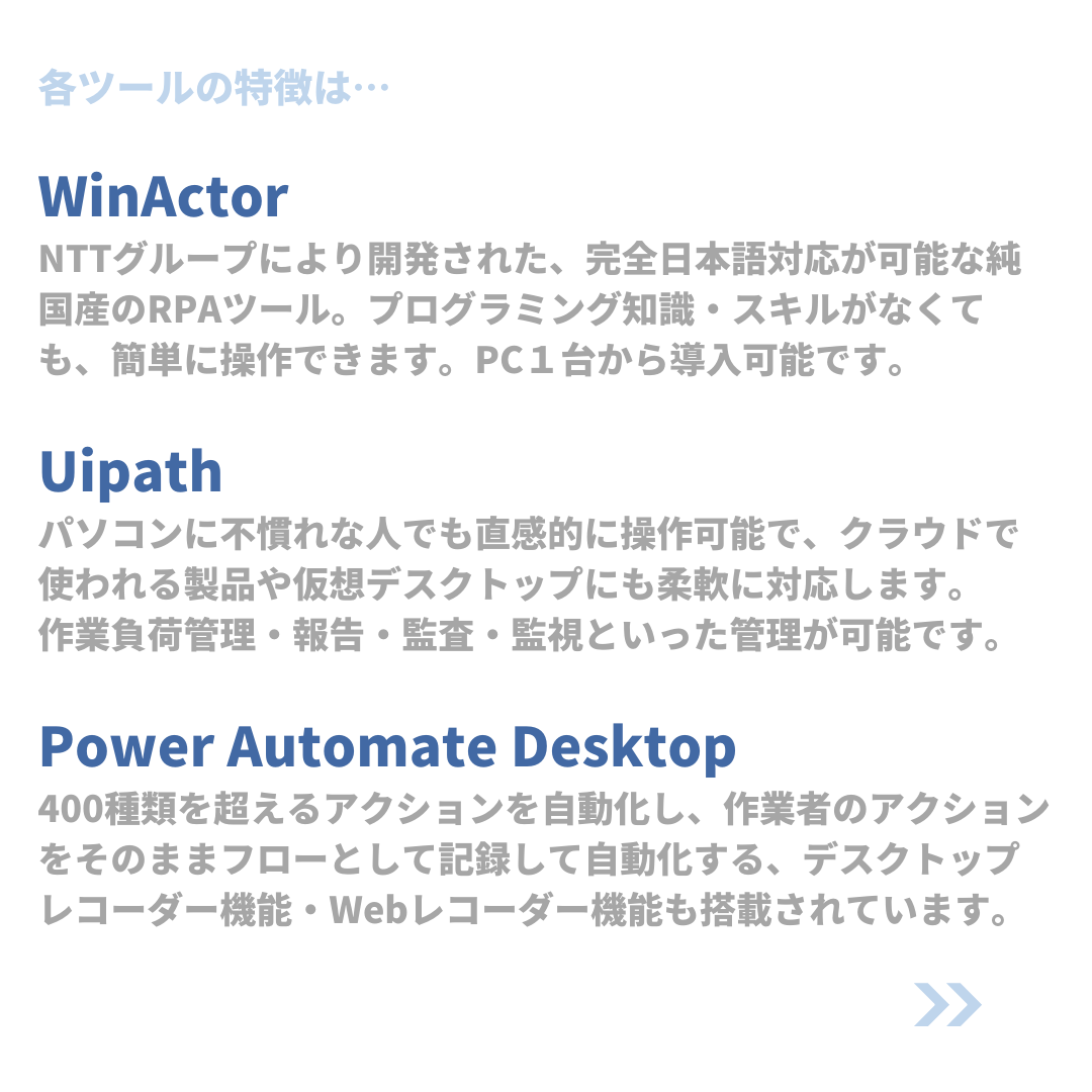 各ツールの特徴は…
WinActor NTTグループにより開発された。完全日本語対応が可能な純国産のRPAツール。プログラミング知識・スキルがなくても、簡単に操作できます。PC1台から導入可能です。
UiPath
パソコンに不慣れな人でも直感的に操作可能で、クラウドで使われる製品や仮想デスクトップにも柔軟に対応します。作業負荷管理・報告・監査・監視といった管理が可能です。