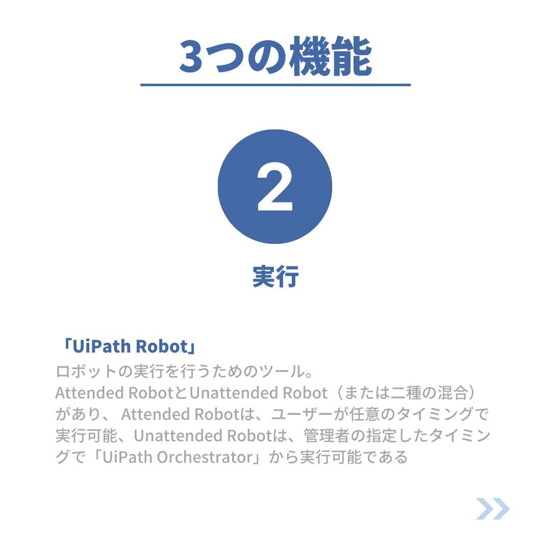 3つの機能 ②実行
「UiPath Robot」ロボットの実行を行うためのツール。
Attended RobotとUnattended Robot(または二種の混合)があり、Attended Robotは、ユーザーが任意のタイミングで実行可能、Unattended Robotは、管理者の指定したタイミングで「UiPath Orchestrator」から実行可能である